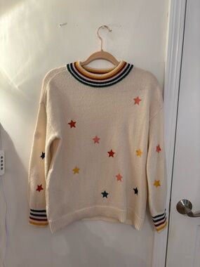 Cream Embroidered Star Knit Sweater with Striped Trim